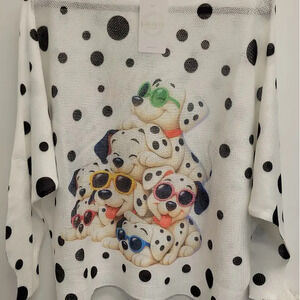 L19 Loowie Polka Dot Puppy Print Knit Sweater One Size